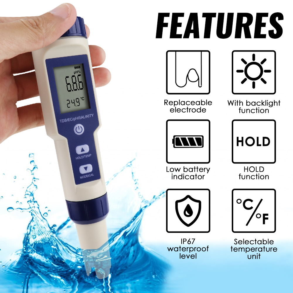 5 IN 1 PH 温度 TDS EC 塩分計デジタル防水自 - Ph Meter Digital Water Tester のレビューと価格