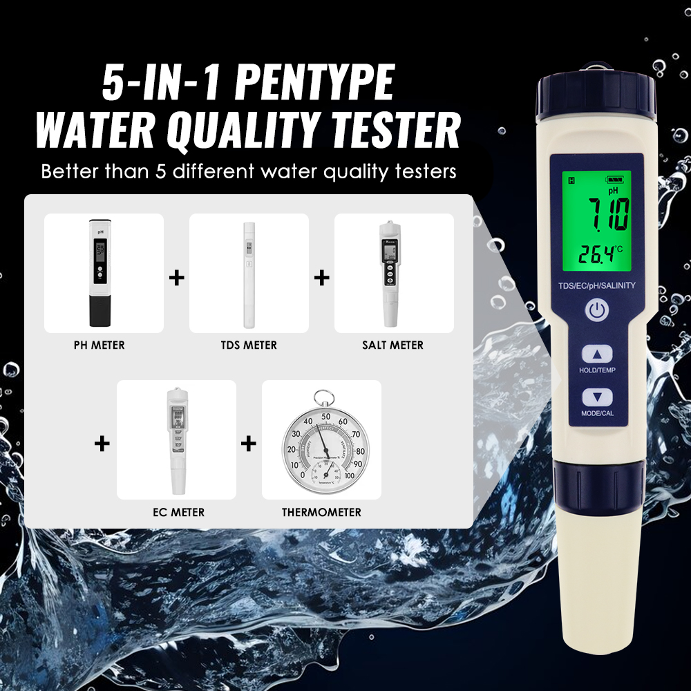 5 IN 1 PH 温度 TDS EC 塩分計デジタル防水自 - Ph Meter Digital Water Tester のレビューと価格